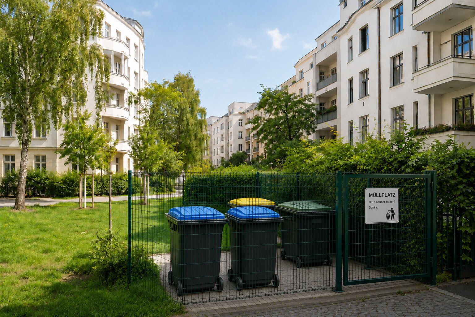 Standplatz mit Abfallbehältern im Hof einer Wohnanlage